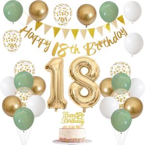 18th Birthday Decorations - Happy 18th Banner, Cake Topper, Foil Balloons in Sage Green, White, Gold for 18 Year Old Party