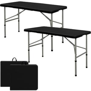 Set of 2 Folding Table 4FT Camping Table Portable Heavy Duty Plastic Rectangular Outdoor Dining Table Steel Legs Fold-in-Half with Carrying Handle for Indoor,Picnic,Party,Wedding,Events(Black)