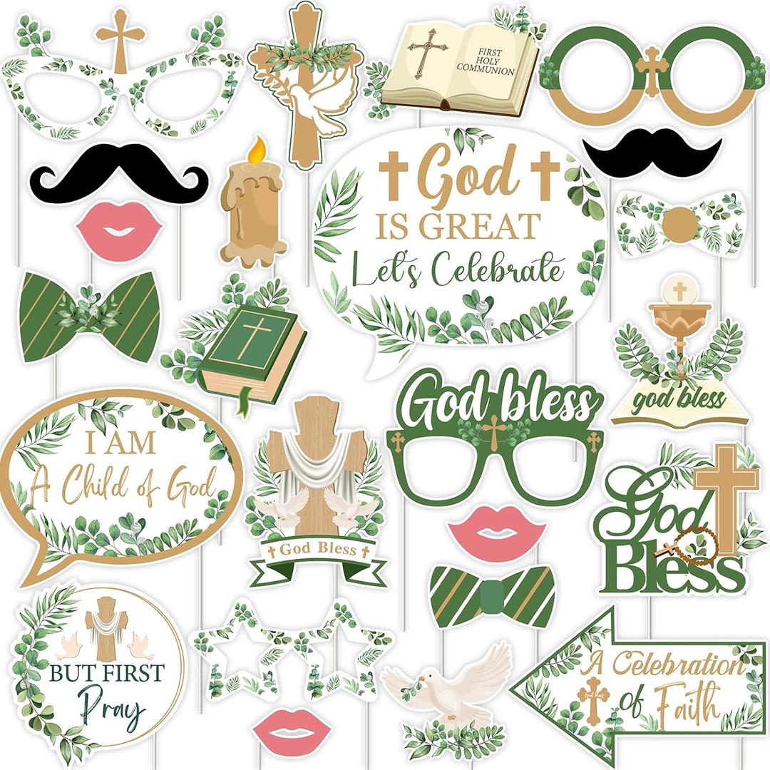 Cheereveal 24Pcs Green Baptism Photo Booth Props, God Bless First Holy Communion Selfie Props for Boy Girl Baptism Religious Party Decorations Supplies
