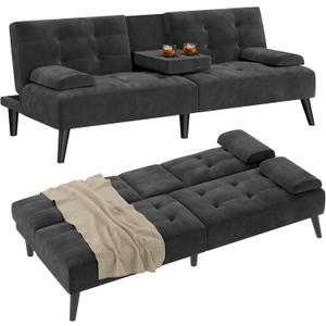 Shintenchi Futon Sofa Bed, Velvet Foldable Couch Reclining Sleeper w/Removable Armrests, Upholstered Loveseat w/Folding Cup Holders for Home, Office, Black