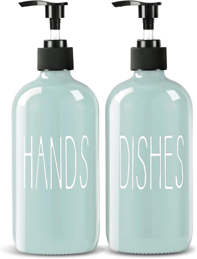 Glass Soap Dispenser Set 2 Pack,16 Oz Dish Soap Dispenser for Kitchen Sink,Green Kitchen Accessories and Kitchen Decor,Green Decorations and Kitchen Utensils for Kitchen