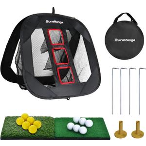 Pop-Up Golf Chipping Net - Ultimate Target Training Chip Aids for Precision & Distance, Outdoor | Indoor Practice, Golfer Gift (1 Black Net+ 2 Mats+ 12 Balls + 6 Greeting Cards)