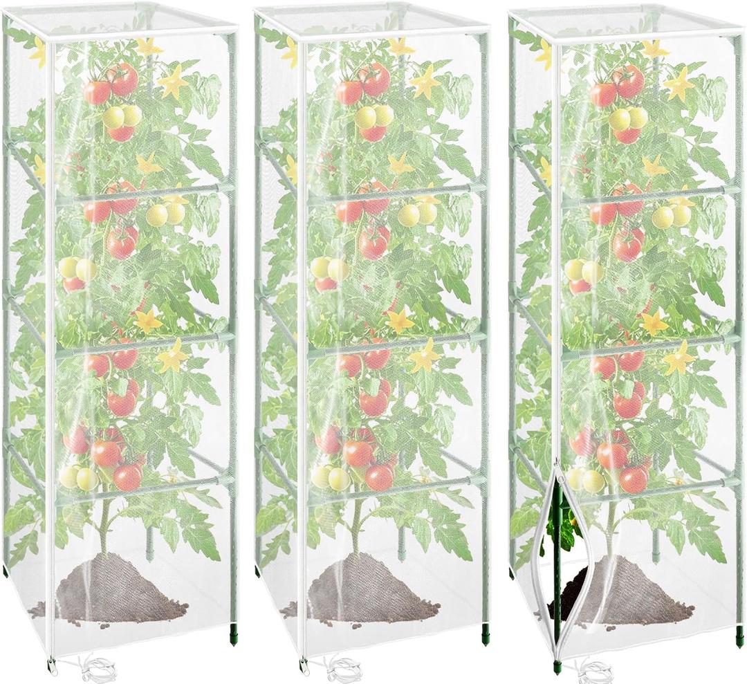 Cyrico Bird Netting Plant Cover for Tomato Cage, 3 Pcs Garden Mesh Cover with Zipper and Drawstring, Insect, Bird & Small Animal Protection Net for Vegetables, Fruits and Flowers, 59" x 17.7"