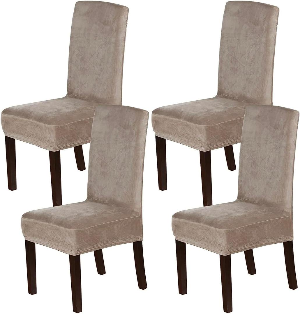 H.VERSAILTEX Dining Chair Covers Stretch for Dining Room Set of 4 Parson Chair Slipcovers Protectors, Soft Thick Solid Velvet Fabric Washable, Taupe