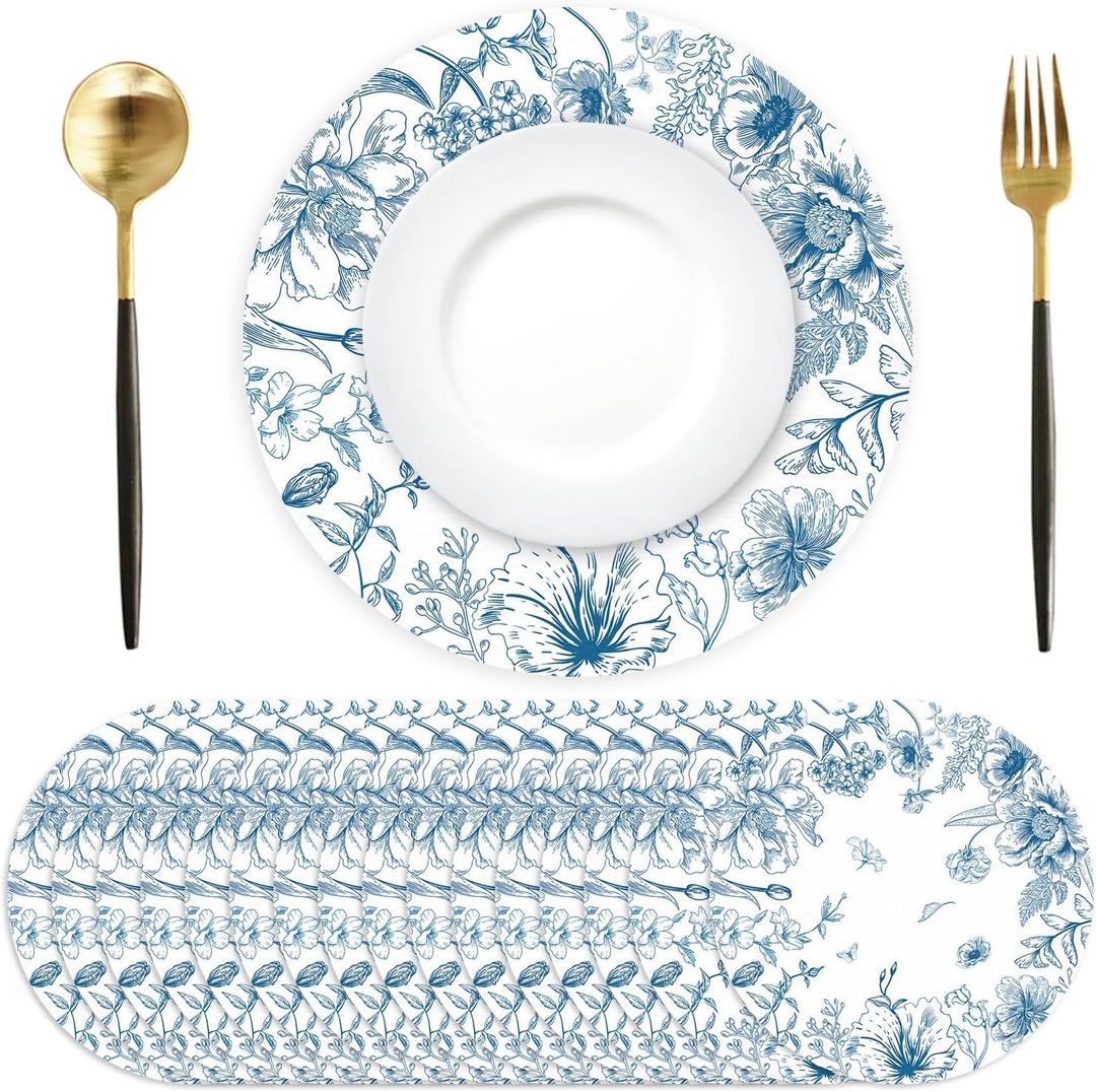 50 Pack Paper Placemats Disposable Blue and White Placemats 13.7 Inch Vintage Blue Floral Place Mats Decorative Chinoiserie Round Table Mats for Dinner Table Setting Birthday Wedding Party Supplies
