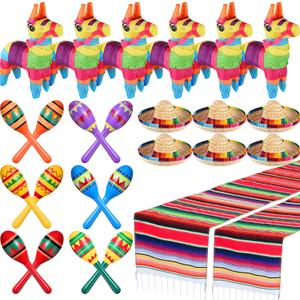 Libima 26 Pcs Mexican Decor Fiesta Decorations Include 6 Donkey 12 Large Fiesta Maracas 2 Serape Table Runners 6 Sombrero Hats for Mexican Decorations Favors(Boho)
