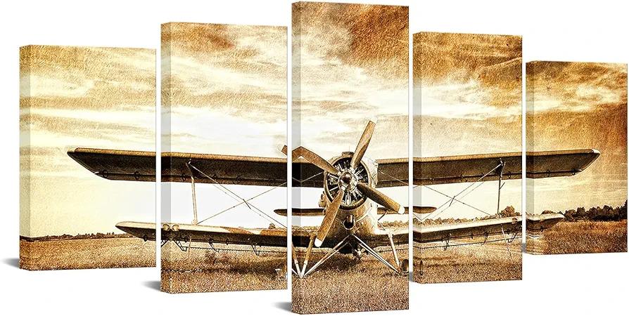 LevvArts - 5 Panel Canvas Wall Art Old Retro Aircraft Biplane Pictures Print on Canvas Framed and Ready to Hang Aviation Airplane Artwrok Antique Home Wall Decor