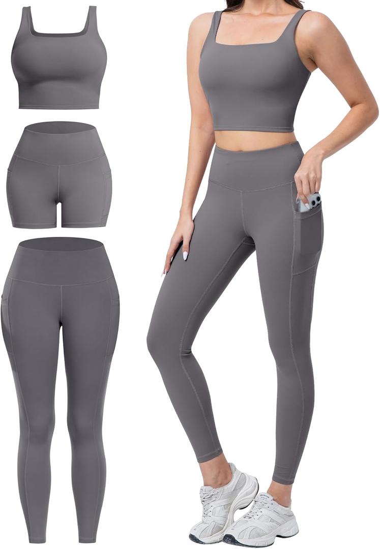 3 Piece Workout Sets for Women High Waisted Leggings with Pockets Tummy Control Biker Shorts Yoga Sports Bra (Medium, Grey)