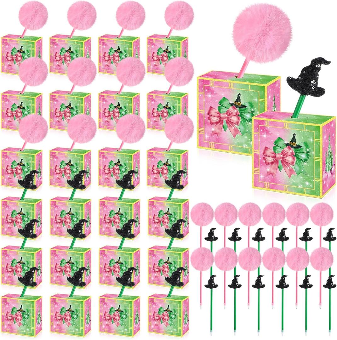 Capoda 48 Pcs Witch and Princess Party Favors Include 24 Pink and Green Candy Boxes 24 Witch Hat Pens and Princess Pom Pom Pens Gifts Set for Christmas Goodie Bags Stocking Suffers Party Supplies