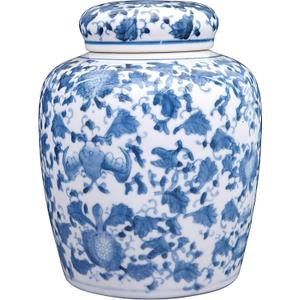 Decorative Blue and White Ceramic Ginger Jar with Lid (8.25" High)