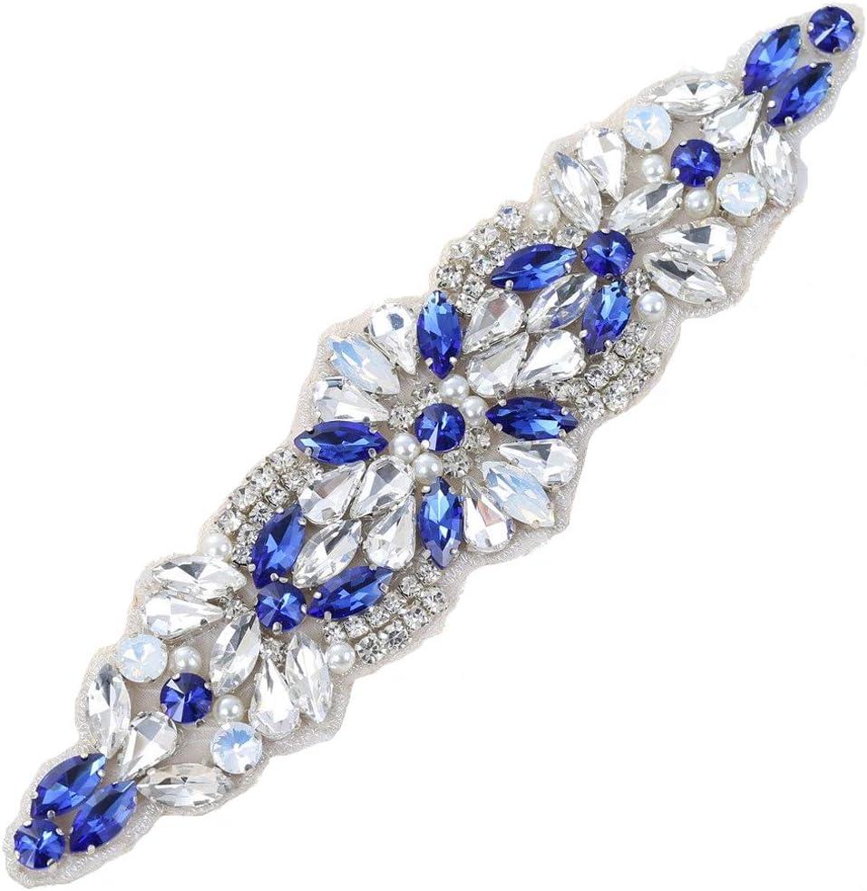 Crystal Rhinestone Applique Belt Bridal Wedding Dress Applique Blue 8.7x1.9 inches