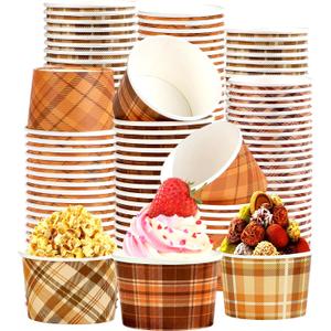 Grencian 120 PCS Fall Paper Cups 12 oz Thanksgiving Orange Brown Gingham Snack Bowls Disposable 4 Colors Dessert Cups for Fall Thanksgiving Holiday Harvest Party Snacks Dessert Candies Party Supplies