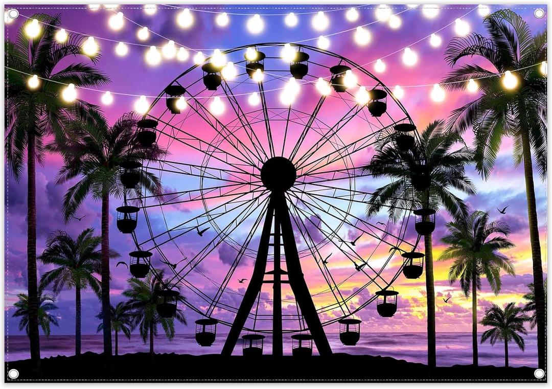 7x5ft Summer Seaside Ferris Wheel Backdrop Sunset Tropical Palm Tree Sparkling Lights Photography Background Festival Party Decorations Photo Props