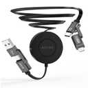 AGVEE 0.3ft Fixed / 2.3ft Extend 4 in 1 Multi USB Charger Cable Mountable One Way Retractable 60W Fast Charging Cord, Pocket-Sized for iPhone 16 15 14 13 12 11, Samsung, Android, Desk Organizer, Black