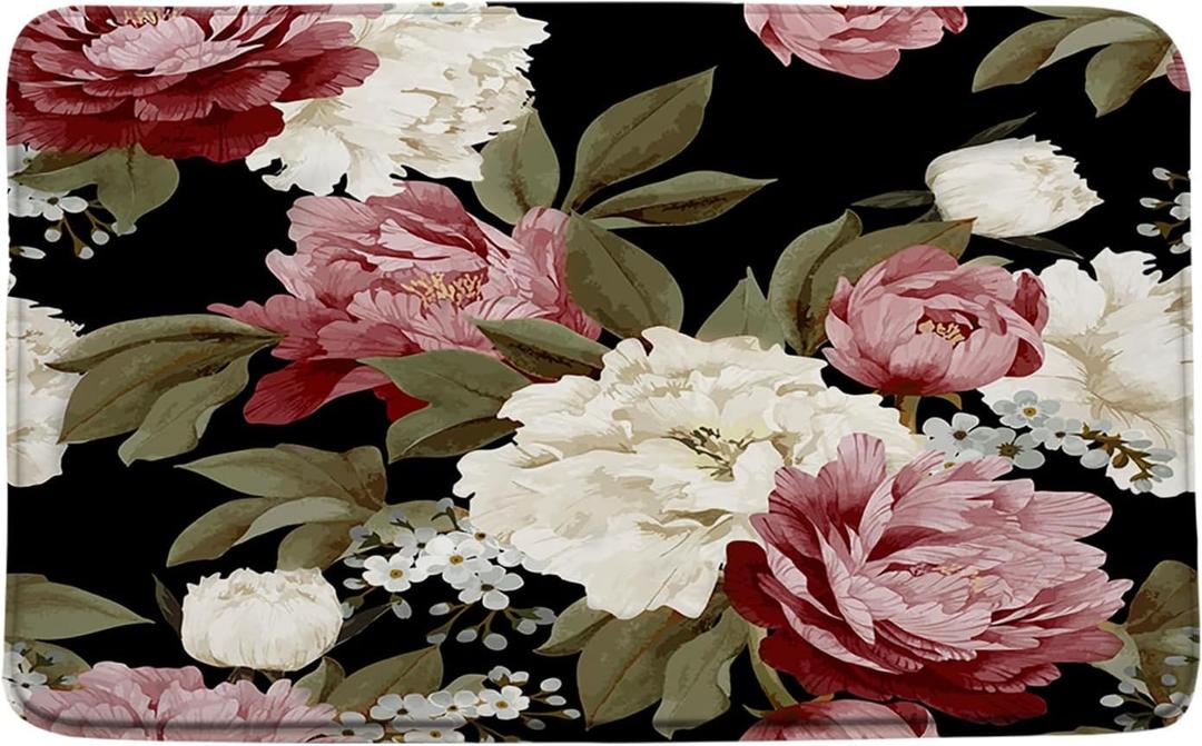 Black Floral Bath Mat Vintage Burgundy Red Pink Rose Flower White Peony Rustic Botanical Women Girl Bathroom Rug Room Decor Doormat