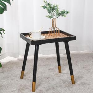 Rattan Side Table,Rectangle Nightstand,Boho Side Table,Small Sofa Table for Living Room Bedroom Small Spaces. (Black)