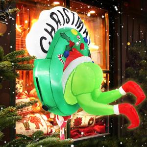Boveco Christmas Inflatable Outdoor Decoration Window 3.5FT Green Ugly Monster in Wreath with Built-in LED Lights for Yard Christmas Window Decoration Outside Indoor Holiday Xmas Dcor