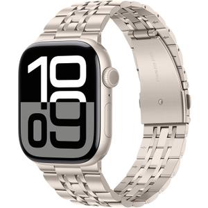 Tasikar Band Compatible with Apple Watch Band 49mm 46mm(Series 10) 45mm 44mm 42mm Men Women Strap Solid Stainless Steel Metal Bracelet Compatible with iWatch SE Series10 9 8 7 6 5 4 3, Starlight