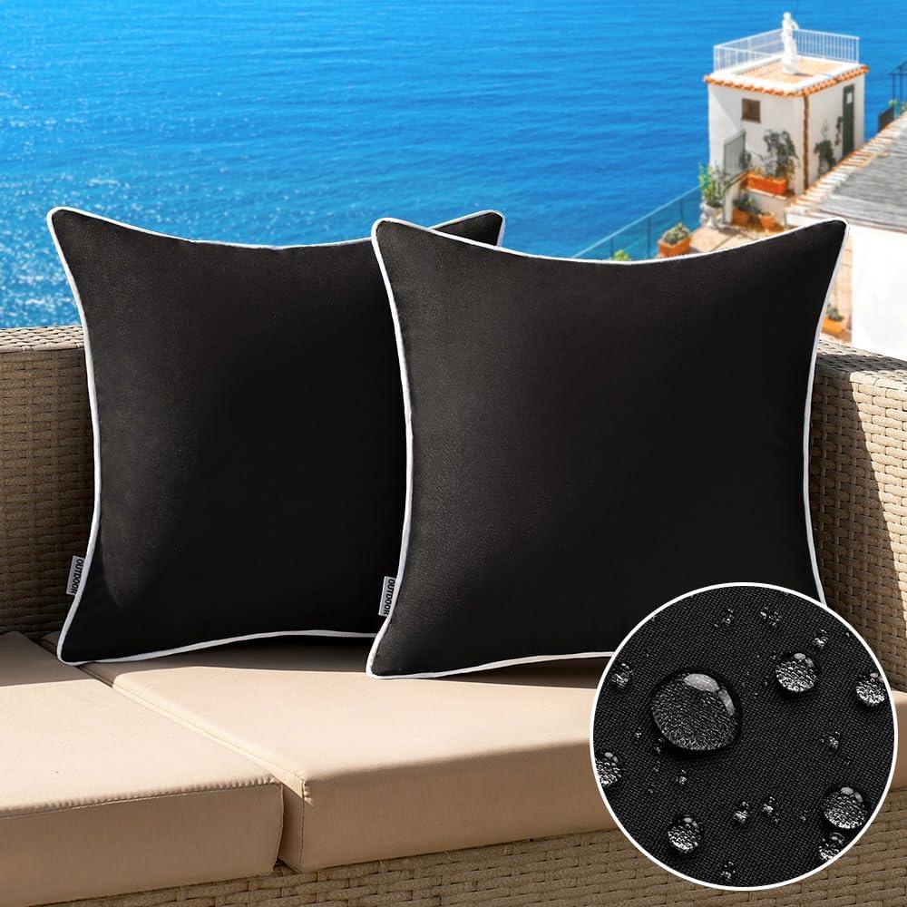 MIULEE Pack of 2 Outdoor Waterproof Pillow Covers - Decorative Farmhouse Square Solid Color for Patio, Tent, Bed, Sofa, Living Room -16" x 16" (Pack of 2), Black
