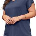 Womens Plus Size Tops V Neck T Shirts Casual Loose Petal Sleeve Tee Shirts (Blue, L)
