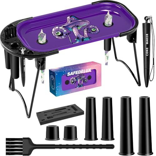 SafeDelux Metal Rolling Tray with Cone Loader, Cone Filler Roller, Rolling Machine & Tray for King Size & 11/4 Pre Rolled Cones, Great (Mushroom)