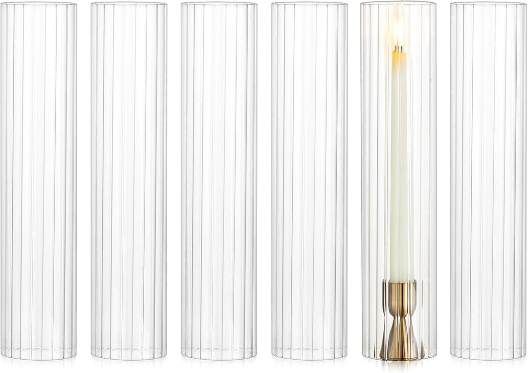 NUPTIO Hurricane Candle Holder for Wedding: 2.5 x 12 inches Ribbed Glass Shade for Candlestick - Bulk Decorative Bottomless Cylinder Taper Candle Cover for Outdoor Table Centerpiece