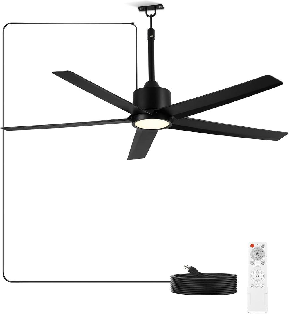 ocioc 52" Outdoor Ceiling Fans with Light,Plug in Ceiling Fan with Quiet DC Motor Dimmable with Remote for Porch Patios Pavilion Indoor/Outdoor Use(Black)