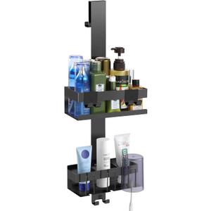 Over The Door Shower Caddy 2 Tier, 304 Stainless Steel Hanging Shower Caddy Rustproof Shower Shelves, No Drilling Hanging Shower Organizer for Bathroom Glass Door, Black