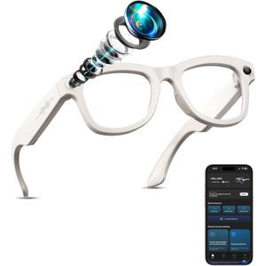 AI Smart Glasses with Camera Stabilization - 8MP POV Video Recording, Real-Time AI Translation, Smart Assistant, Dual-Mic Noise Canceling for Travel & Meetings - Anti-Blue Light, Beige Frame