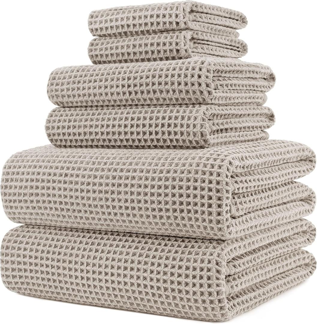 POLYTE 430 GSM Microfiber Quick Dry Lint Free Oversize Bath Towel Set, 6 Piece (Waffle Weave)