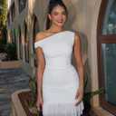 GOKATOSAU Women's One Off Shoulder Sleeveless Bodycon Ruched Mesh Ruffle Hem Mini Dress White, Size S