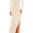 BTFBM Women's Maxi Dresses Fall 2026 Long Sleeve Ruched Bodycon Solid Ruffle Mermaid Cocktail Wedding Guest Dress(Beige,Large)