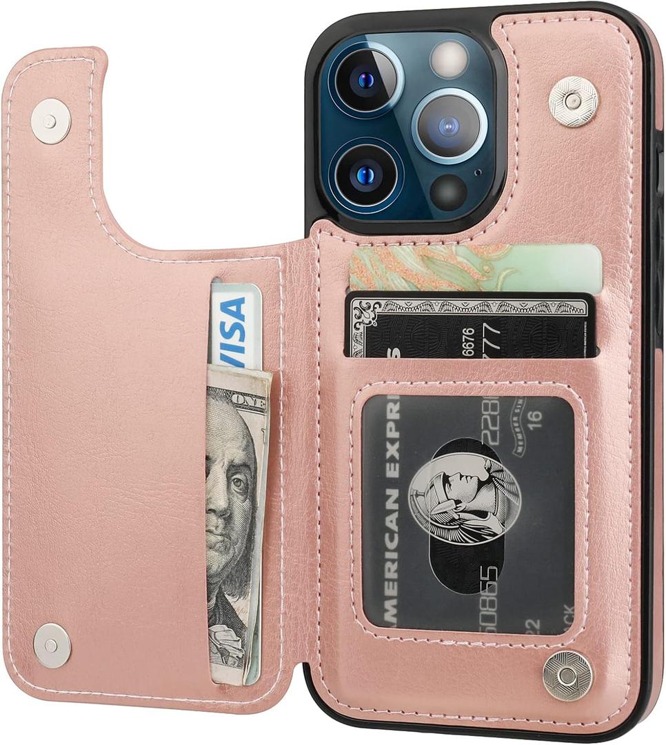 ONETOP Compatible with iPhone 13 Pro Wallet Case with Card Holder, PU Leather Kickstand Card Slots Case, Double Magnetic Clasp Durable Shockproof Cover 6.1 Inch(Rose Gold)
