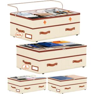 Dolicer 4 Pack Under Bed Storage with Wheels, 6in-10in Height Adjustable Underbed Storage Containers, 92L XXXL Under Bed Drawers Rolling Bin with Clear Lids for Dorm Shoes Clothes Organizers(Beige)