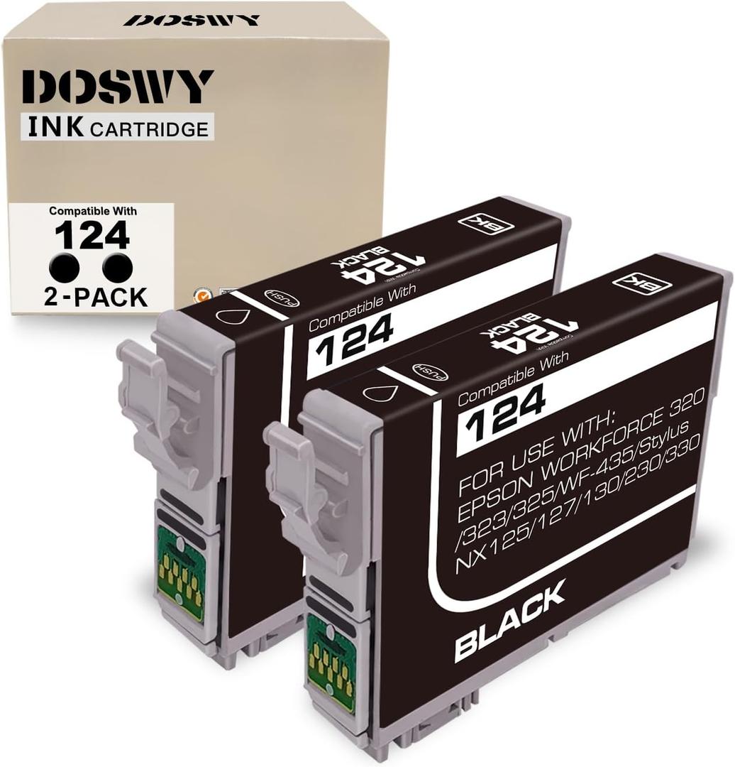 2 Packs T124 Remanufactured Ink Cartridge Replacement for Epson 124 use for Epson Stylus NX125 NX127 NX130 NX230 NX330 NX420 NX430 Workforce 320 323 325 435 (2 Black)