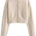 FindThy Women’s Cropped Cardigan Sweater Crewneck Solid Color Long Sleeve Button Down Knitted Outerwear Top Small