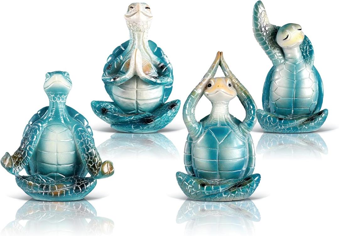 4 Pcs Sea Turtle Meditation Yoga Decor Office Beach Zen Room Decor Sea Turtles Yoga Figurines Coastal Ocean Beachy Bathroom Turtle Gifts for Women Yogis Home Office Decorations(Classic)