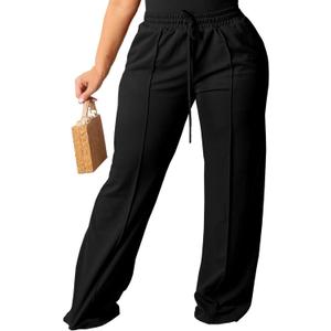 Tycorwd Women's Plus Size Casual Wide Leg Pants High Waisted Drawstring Baggy Sweatpants Elastic Straight Leg Lounge Pants (Black, XXXL)