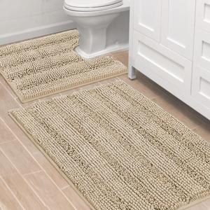 H.VERSAILTEX Bathroom Rug Sets 2 Piece Bath Mats Non Slip Thick Soft Chenille Striped Bath Rug achine Washable Shower Floor Rugs for Tub, Shower and Floor (Fog, 36"x24" Plus 20"x24" U)