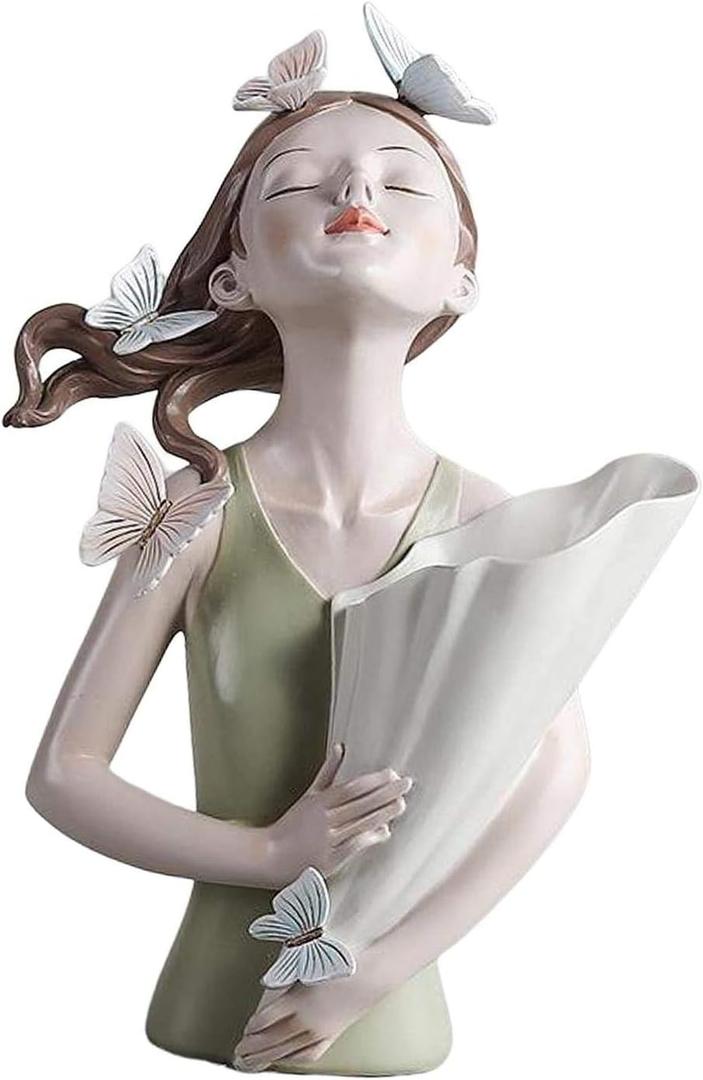 Girl Figurines Flower Vase Resin Girl Statue Sculpture Floral Flower Pots Flower Holder Desktop Planter for Home Office Table Ornaments - Green