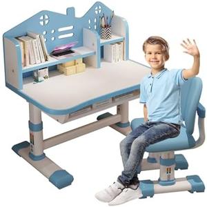 Kids' Table Chair Sets, Kids' Desks Chair, Children Study Desk Writing Table Computer Workstation With Large Storage Drawer And Bookshelf, Height Adjustable Kids Bedroom Furniture ( Color : Blue )