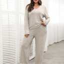 2 x Blooming Jelly Women Plus Size Pajamas Sets Cute Lace Lounge Set Long Sleeve Pj Sets V Neck Loungewear Fall Outfit (Large, Apricot)