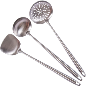 17” Wok Spatula and Ladle, Skimmer Spoon - 304 Stainless Steel Wok Tools Set, 3-Pieces Extra Long Handle Cooking Tools, All Metal Wok Utensils and Wok Accessories for Cast Iron/ Carbon Steel Wok