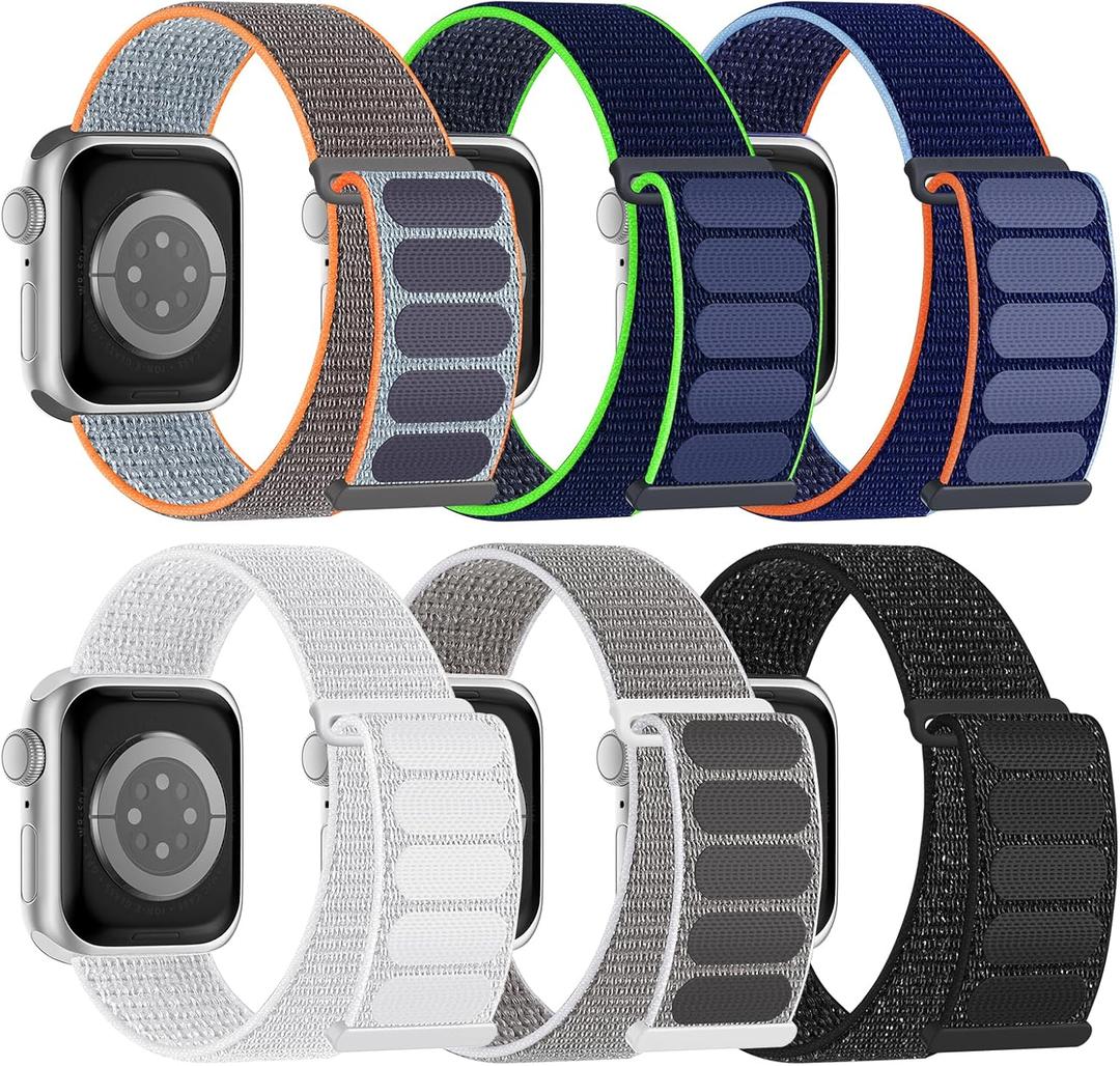 6 Pack Sport Nylon Loop Band Compatible with Apple Watch Band 38mm 40mm 41mm 42mm  for Women Men, Adjustable Breathable Braided Straps for iWatch Series 11/10/SE/Ultra (Reflective Black/Summit White/Fresh Orange/Sea Shell/Navy Blue/Lime)