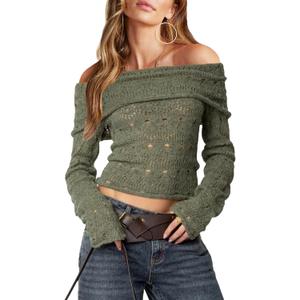 Womens Off The Shoulder Hollow Out Sweaters Sexy Slim Fitted Cropped Long Sleeve Knit Tops (Petite) (XL)