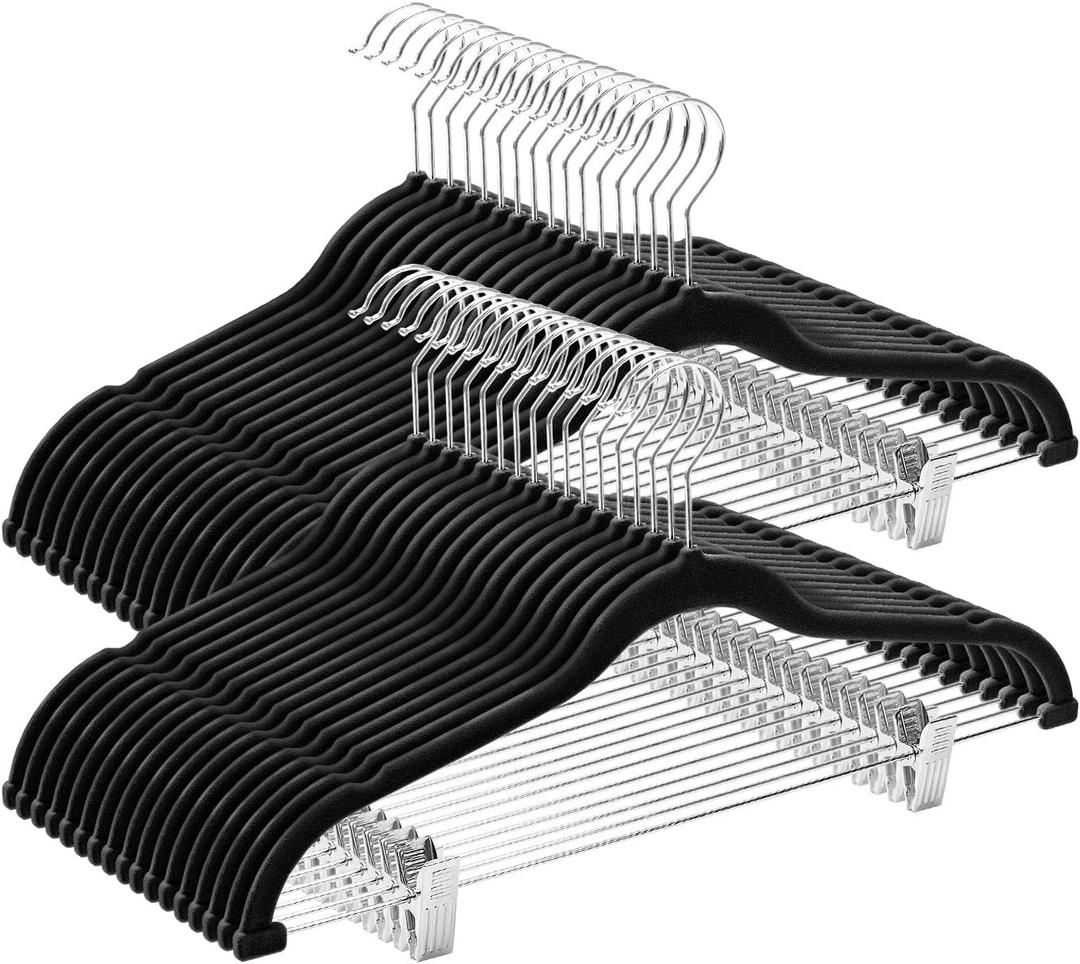 Cozymood Velvet Pant Hangers 36 Packs Ultra Thin Hangers with Clips Non Slip Velvet Skirt Hanger Space Saving Clothes Hanger with Clips for Pants, Skirts, Jeans, Shorts (Black)