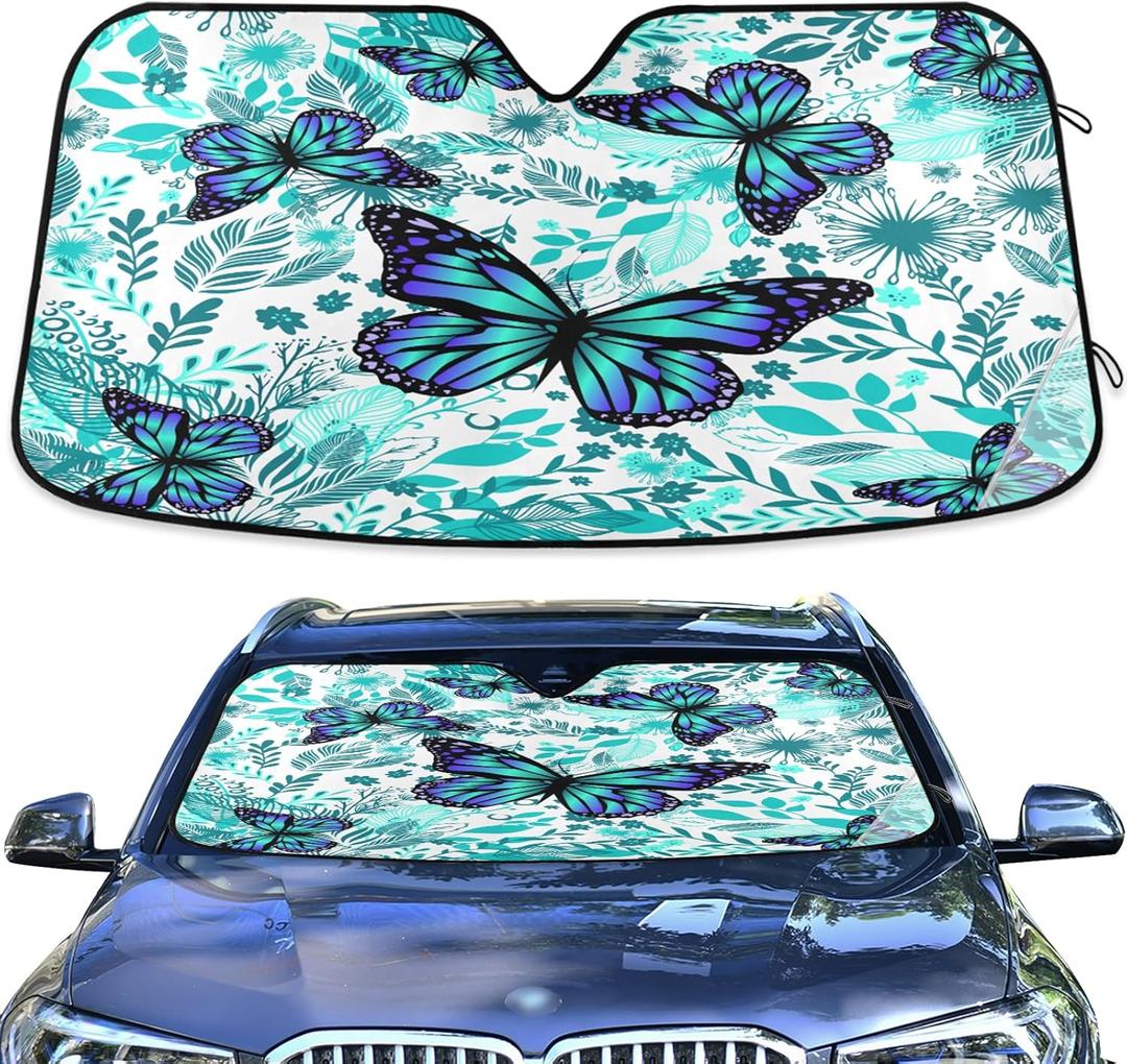 Floral Blue Butterflies Windshield Sunshade Car Sun Shade Protector for Small Car SUV Front Window (C12)