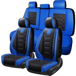 OASIS AUTO Car Seat Covers Premium Waterproof Faux Leather Cushion Universal Accessories Fit SUV Truck Sedan Automotive Vehicle Auto Interior Protector Full Set (OS-004 Black&Blue)