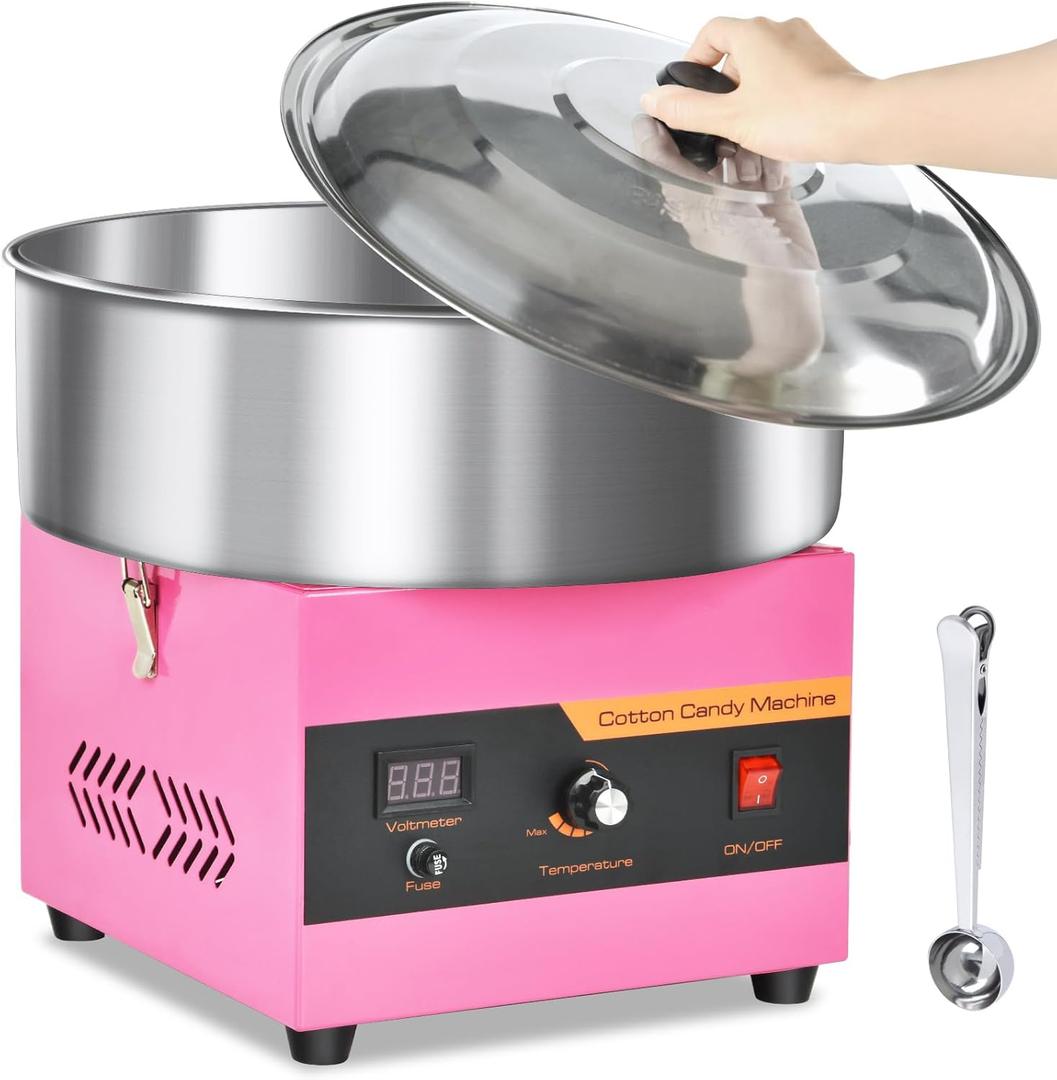 Cotton Candy Machine Commercial, 1000W Professional Cotton Candy Machine, Cotton Candy Maker with Stainless Steel Bowl, Bowl Cover and Sugar Scoop for Kids Birthday, Family Party, Festival (Pink)