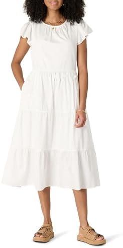 Amazon Essentials Womens Relaxed-Fit Cotton Sateen Crewneck Tiered Midi Dress, Medium